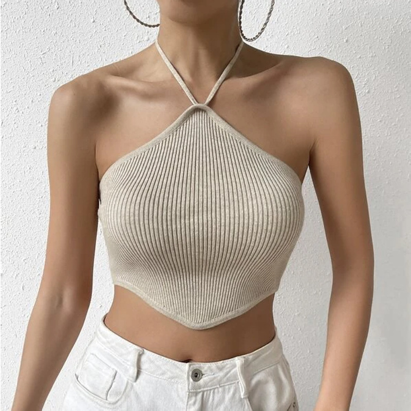OEM Factory Custom Hanging Neck Knitted Lady Tops